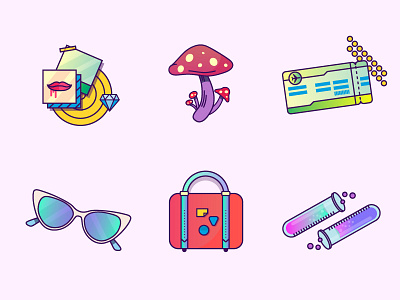 Icons fashion header illustration mushroom pattern sunglasses test tubes travel vector