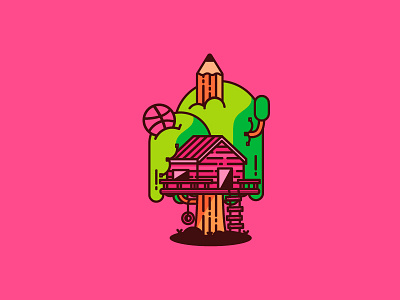 Dribbble treehouse bezier fun house illustration kid pencil sticker tree