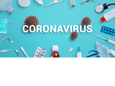 Coronavirus text on blue desk surrounded by medical equipment