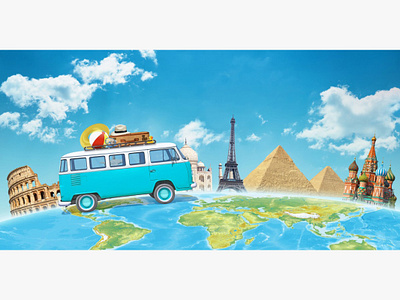 Travelling the world in a camper van PSD composition graphic design microstock photoshop print design psd scene creator summer summertime tour travel vacation van