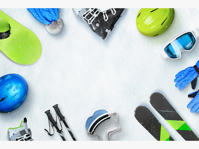 Winter ski sport equipment placed on snow with copy space alpine banner comosition flat lay hero image microstock photo photoshop rental resort scene creator service shop ski snow snowflakes sport top view winter winter sports