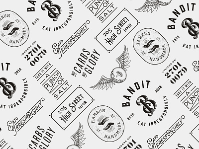 Bandit pattern badges burger carbs donut doughnut eat fast food fast food branding fastfood food food pattern grit gritty handmade iconography icons lettering pattern tattoo culture vector