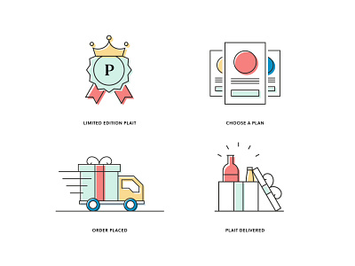 Plait icons box branding crown delivery drinks flat flat design icon icon design icon set icons limited edition pastels payment payment plan playful subscription subscription box truck van
