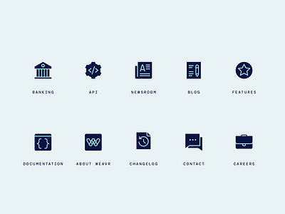 Fintech navigation icons about api banking blog careers changelog contact documentation features financial technology fintech icon design icon designer icon set iconography iconpack icons navigation news press