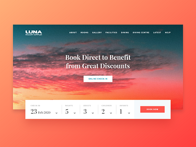 Luna landing page booking booking form check in check out holiday holiday complex homepage hotel landing page sunset