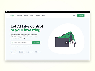 Finance Landing Page Concept ai clean dailyui dailyui 003 dailyuichallenge desktop finance fintech green header hero invest landing page rounded undraw