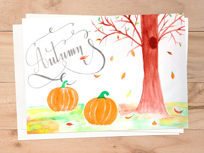 Watercolor autumn illustration art autumn autumn leaves drawing illustration landscape leaf leaves pumpkin tree watercolor