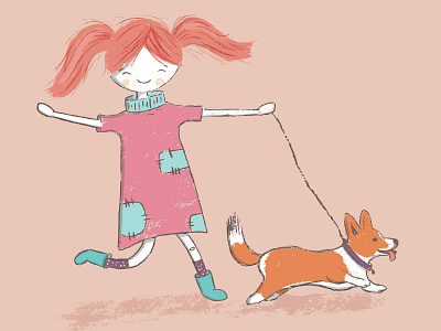 Happy girl with corgi dog illustration