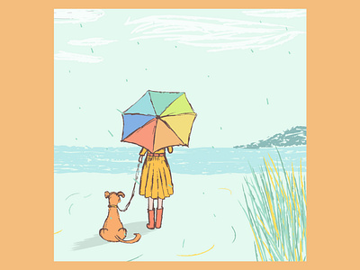 Woman looking at the sea with her dog illustration