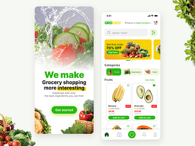 Groeasy - Grocery Mobile App app design freshmarket graphic design groceries grocery ui
