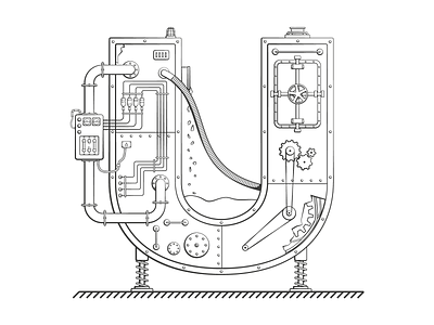 U black and white blueprints letter lineart mechanical mechanism plumbing