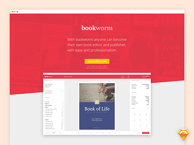 Bookworm UI Kit - Landing Page app book bookworm dashboard free freebie kit publish publishing sketch ui web