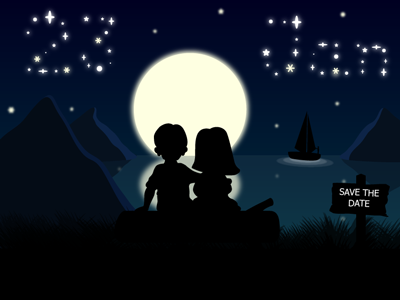 Save The Date cartoon couple illustration landscape marriage night nightscape romantic scenery vector