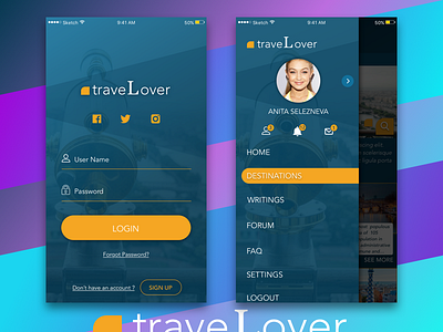 traveLover Login & Side Menu blue mobile travel uxui vacation