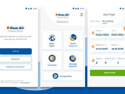Kam Air Mobile App blue bookflight booking device flatdesign flight mobile product travel uxui vacation
