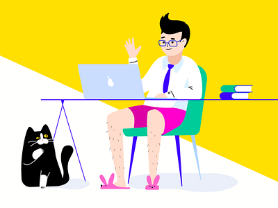 Online interview cat design flat glasses hipster homeoffice hr illustration interview office online interview people stayhome vector workfromhome