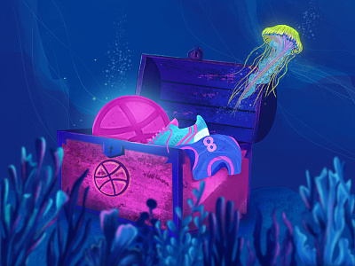 Dribbble Debut dribbble ball dribbble debut jellyfish sea treasure chest underwater