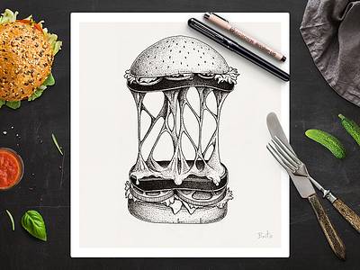 Cheese burger black bread cheese design dot draw drawing food illustration ink pencil poster