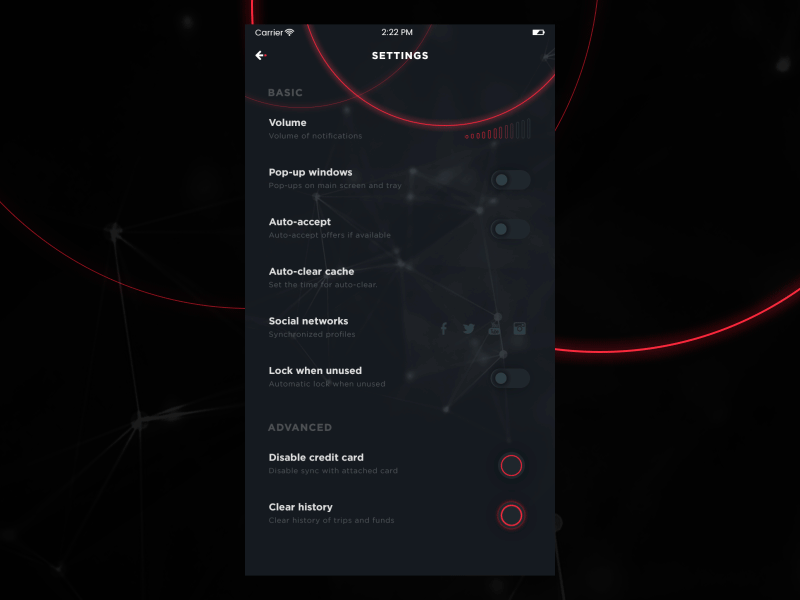 Settings Screen Animation. Passenger APP. animation application design mobile motion neon taxi ui ux