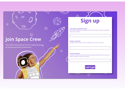 Space Crew- Sign up page branding colours kidsapp kidssignup kidswebsignup signupforkids staticsignuppost ui