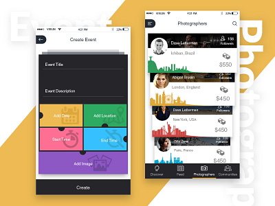 Photography App app card design event interface ios mobile product ui ux