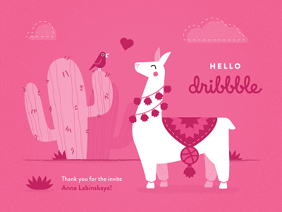 Hello Dribbblers! dribbble dribbble invite hello illustration llama pink thank you