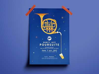 Nancy Jazz Poursuite 2017 alcohol beer blue french horn heineken horn illustration jazz magic music poster stars
