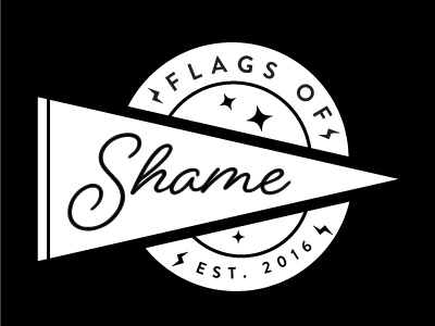 Flags of Shame black and white established flag lightning logo pennant script seal shame