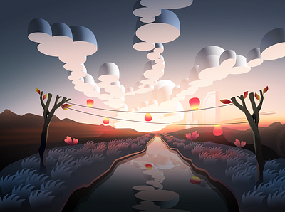 Lantern Valley byrotek clouds illustration landscape lanterns painting