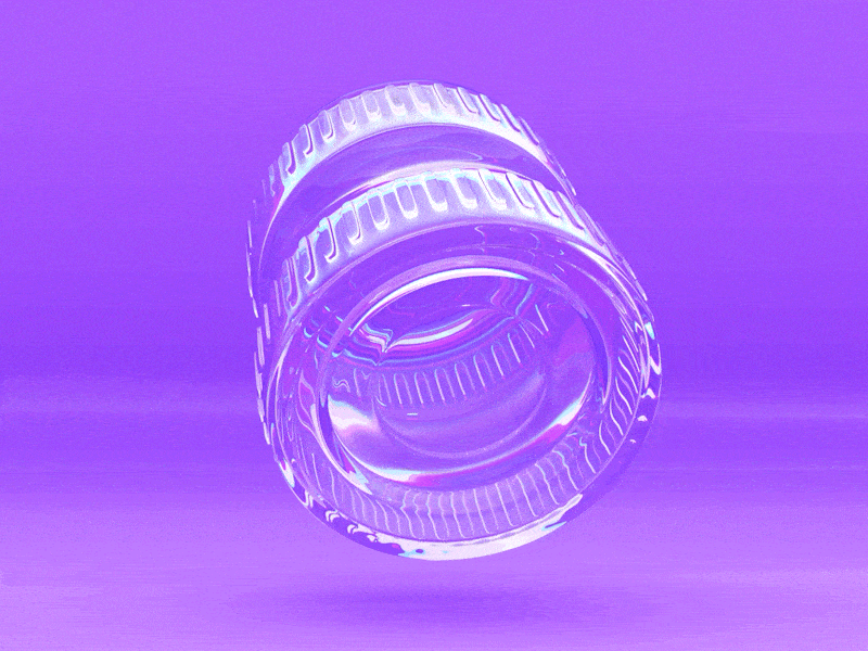 Translucent glass cylinder spin on purple background. Rotation round