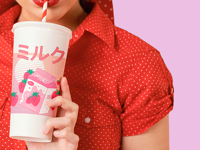 Girl and Strawberry Milk branding illustration kawaii straw strawberry milk