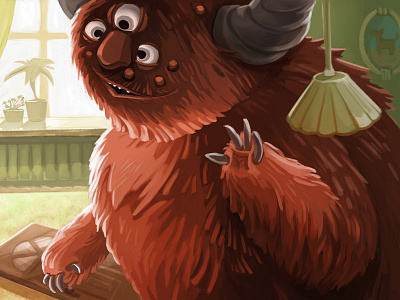 Fur-covered Mon book illustration boy character design kid kids illustration living room monster