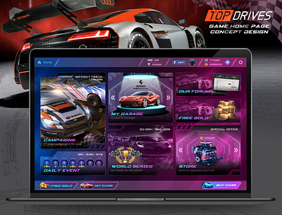 'Top Drives' Game Home Page Concept Design car racing game design game design game home page game ui graphic design ui ux