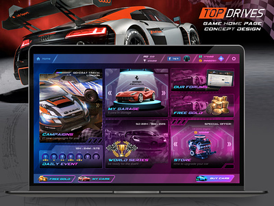 'Top Drives' Game Home Page Concept Design car racing game design game design game home page game ui graphic design ui ux