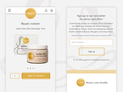 Mobile eCommerce product page and newsletter sign up beauty ecommerce gold mobile product store