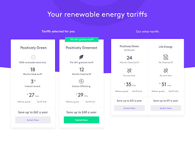 Green energy tariffs energy green pricing purple tariffs ui utility ux
