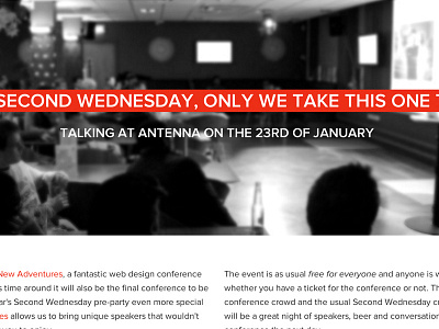 Second Wednesday, New Adventures Pre-event desaturated minimalism red responsive typography