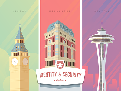 Security & Identity Meetup Cities architecture building city cityscape color design draw illustration london melbourne pixel seattle typography vector