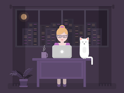 A girl and a cat cat flat illustration laptop moon night workspace