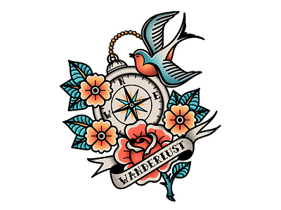 Wanderlust compass illustration line art old school outline rose swallow tattoo traditional vector wanderlust