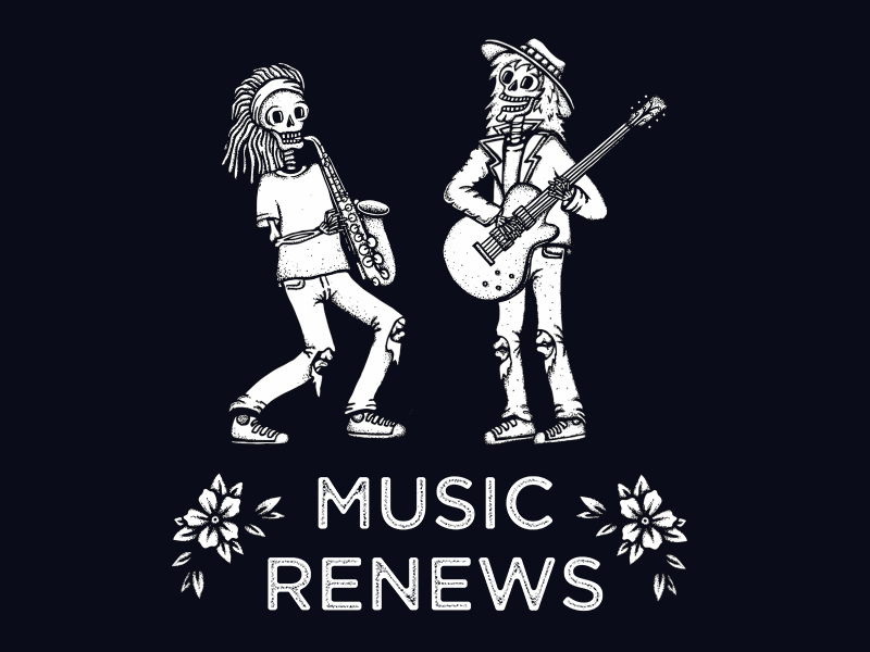 Music Renews T-shirt Print animation gif graphic art guitar illustration music band musician saxophone skeleton skull