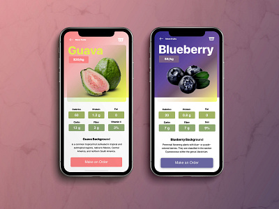 Order Fruit app apple basket blueberry challenge detail fruit fun gradient healthy iphone mobile nutritional facts pink purple typography ui ui ux uiux