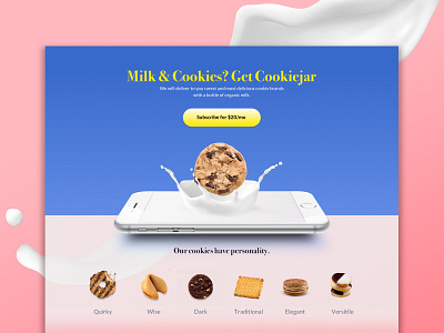 Cookiejar - Subscription website apple blue branding challenge clean cookies desktop food fun interactive photoshop pink responsive sketch ui ui freestyle ux website white yellow