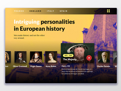 European history - web app design desktop education fun gradient identity photography player purple red responsive typography ui ux video web website yellow