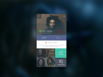 Profile UI - Daily Design app bob marley daily dark design interface design mobile mobile app photo practice profile profile card quick random typography ui uidesign ux