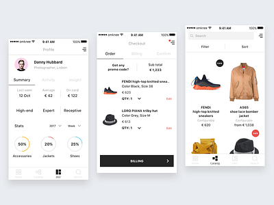 Omknee Profile Checkout & Catalog app catalog checkout ecommerce ios minimal profile ui ux white