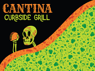 Cantina Curbside - Right Side of Truck branding concept design drawing food food truck hot sauce illustrator ingredients peppers skull