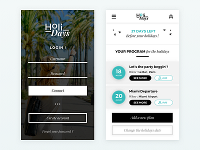 HoliDays App app date home ios login mobile ui