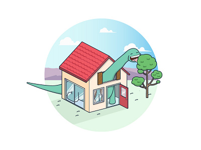 Big guy in a little house cartoon dinosaur homes house illustration vector