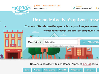 New Mapado homepage buildings city colors drawing events french illustration lettering long shadow monster searchbar webdesign